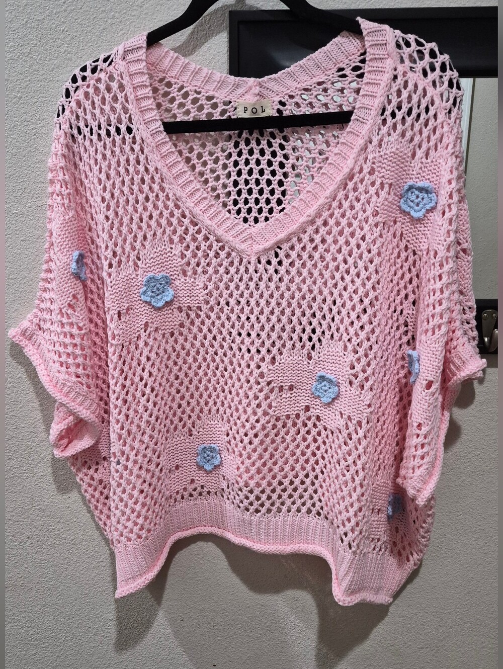 POL Pink Open Knit Floral Sweater | Oversized Boho Crochet Pullover | Size Large